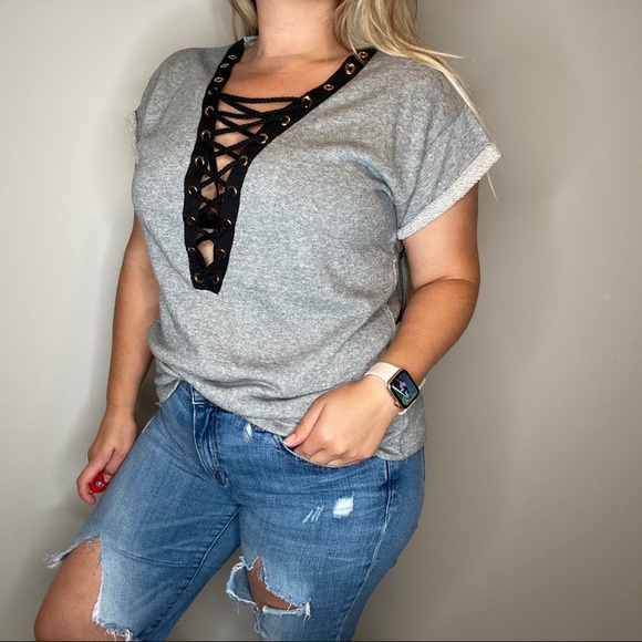 Womens gray french terry lace up short sleeve top - Picture 3 of 8